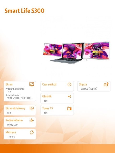 Przenośne monitory do laptopa Smart Life S300 13,3 cala, 2 monitory IPS, 1080p Full HD