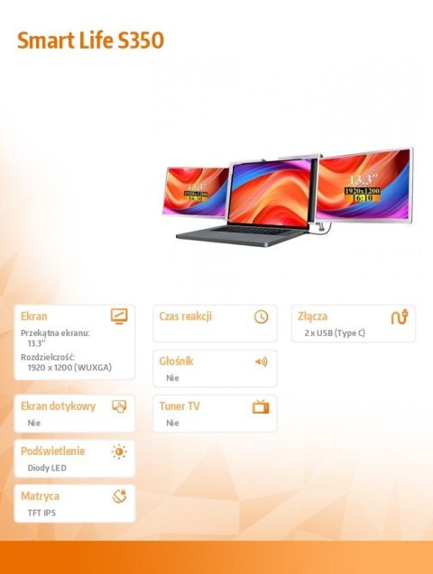 Przenośne monitory do laptopa Smart Life S350 13.3'', 2 monitoryIPS,1920x1200