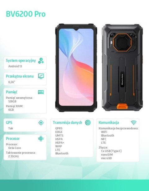 Smartfon BV6200 Pro 4G 6/128GB IP69K głośnik 98db Pomarańczowy Smartfon BV6200 Pro 4G 6/128GB IP69K głośnik 98db Pomarańczowy