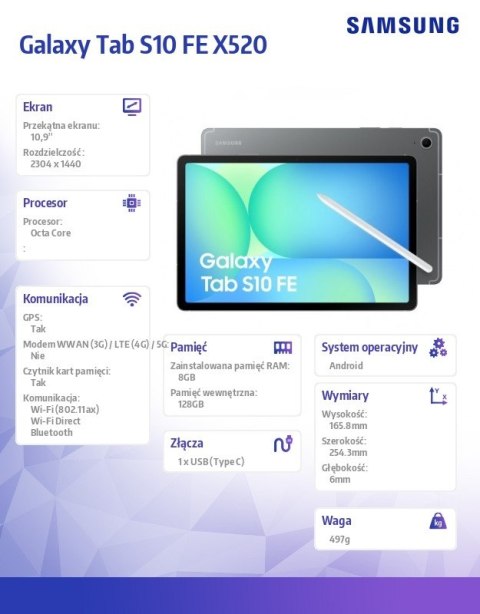 Tablet Galaxy Tab S10 FE X520 10.9 cala Wifi 8/128GB Szary Tablet Galaxy Tab S10 FE X520 10.9 cala Wifi 8/128GB Szary