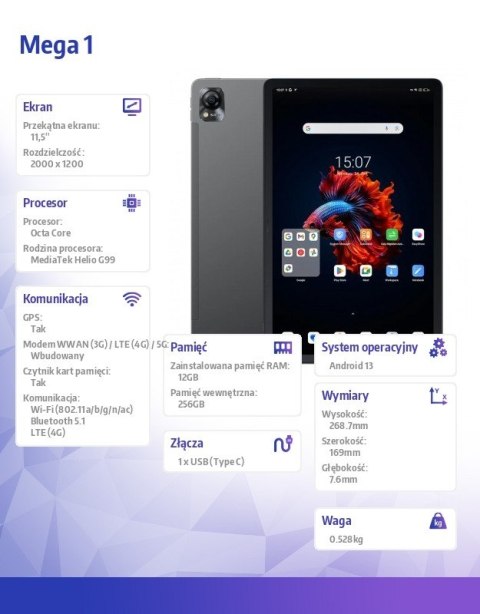 Tablet Mega 1 11.5 cala 12/256GB 8800 mAh szary