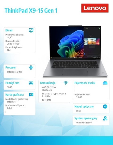 Ultrabook ThinkPad X9 G1 21Q6001VPB W11Pro Ultra 5 228V/32GB/512GB/INT/15.3 cala OLED/Thunder Grey/3YR Premier NBD + CO2 Offset