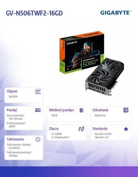 Karta graficzna GeForce RTX 5060 Ti WINDFORCE 16G 128BIT GDDR7 HDMI/3DP