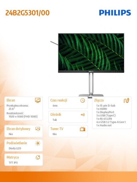 Monitor 24B2G5301 23.8 cala IPS 100Hz HDMI DP RJ45 USB-C Pivot Głośniki