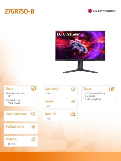 Monitor gamingowy 27GR75Q-B 27 cali IPS UltraGear QHD 165Hz 1ms Monitor gamingowy 27GR75Q-B 27 cali IPS UltraGear QHD 165Hz 1ms