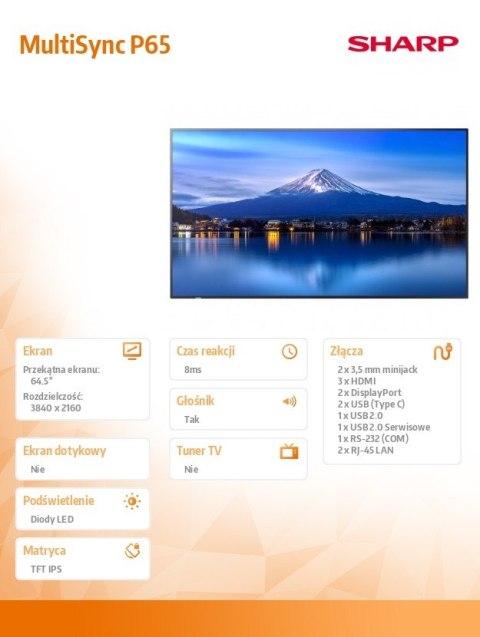 Monitor wielkoformatowy MultiSync P656 65 cali UHD 700cd/m2 24/7 Monitor wielkoformatowy MultiSync P656 65 cali UHD 700cd/m2 24/7