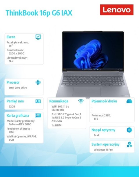 Notebook ThinkBook 16p G6 21R0001TPB W11Pro Ultra 9 275HX/2x16GB/1TB/RTX 5060 8GB/16.0 WUXGA/Luna Grey/1YR Premier WHB + 3YR OS 