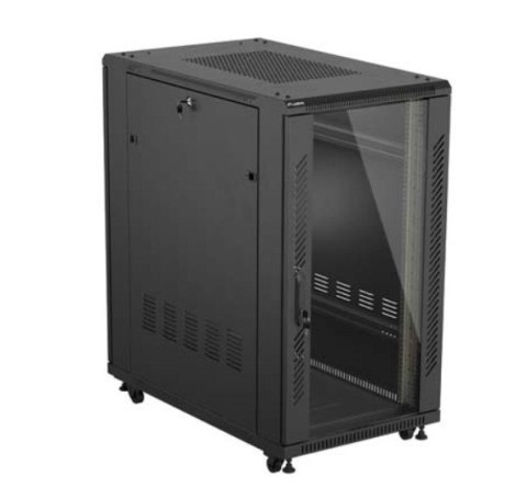 Szafa instalacyjna rack stojąca 19" 22U 600x1000 czarna drzwi przeszkolne ( flat pack)