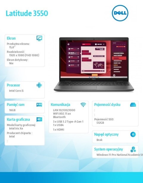 Laptop Latitude 3550 W11Pro EDU i5-1345U/16GB/512GB/INT/5Y