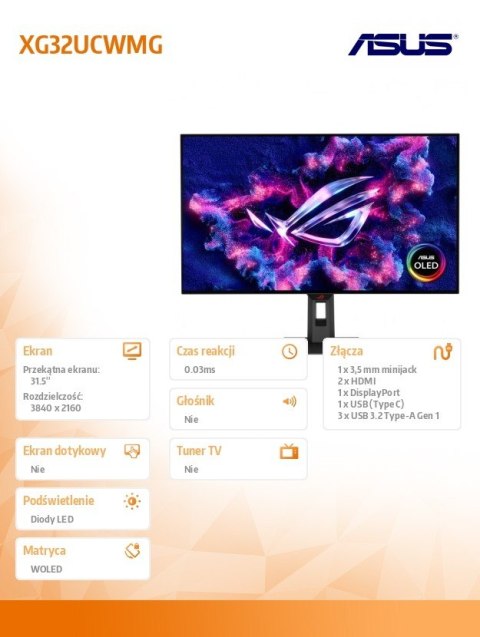 Monitor 31.5 cala XG32UCWMG ROG 4K UHD 0.03 HDMI DP USB