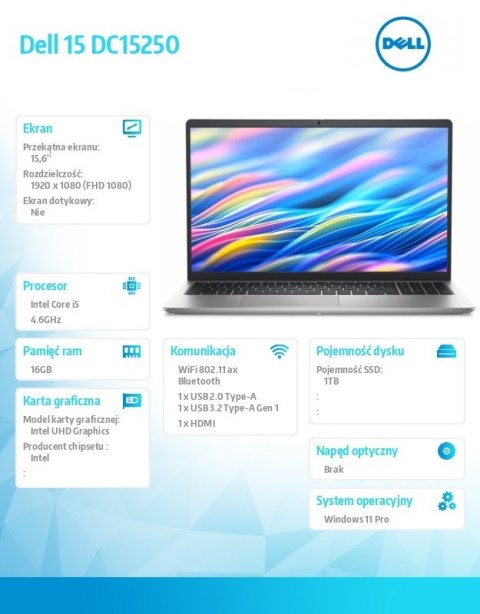 Laptop Dell 15 DC15250 W11P i5-1334U/16GB/1TB SSD/UHD/FgrPr/WLAN + BT/15.6 FHD/Backlit Kb/3 Cell/65W/3YPS Platinum Silver (Alumi