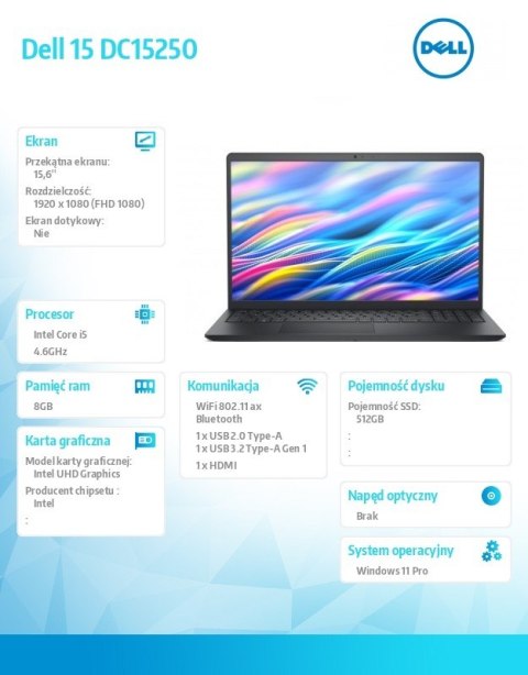 Laptop Dell 15 DC15250 W11P i5-1334U/16GB/512GB SSD/UHD/WLAN + BT/15.6 FHD/Backlit Kb/3 Cell/65W/3YPS Carbon Black (Plastic)