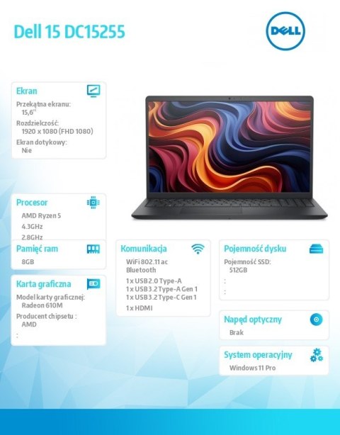 Laptop Dell 15 DC15255 W11P R5-7520U/8GB/512GB SSD/AMD Radeon 610M/WLAN + BT/15.6 FHD/Backlit Kb/3 Cell/65W/3YPS Carbon Black (P