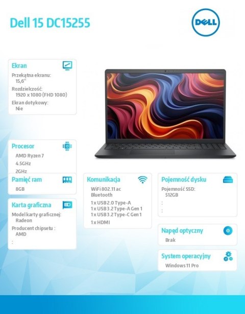 Laptop Dell 15 DC15255 W11P R7-7730U/16GB/512GB SSD/AMD Radeon/WLAN + BT/15.6' FHD/Backlit Kb/3 Cell/65W/3YPS Carbon Black (Plas