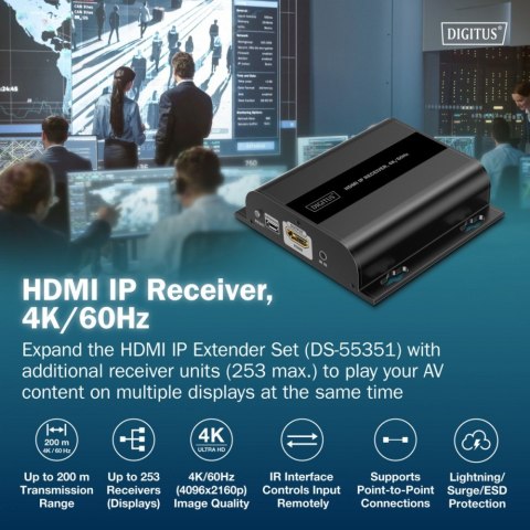 Przedłużacz (extender) po skrętce kat.6 HDMI 4K/60Hz przez IP 1G lub do 120m/200m - dodatkowy odbiornik do DS-55351