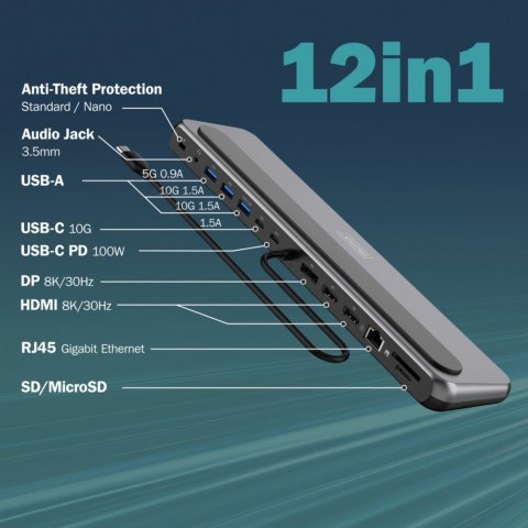 Stacja dokująca USB-C 12 portowa, max. 8K/30Hz z HDR, HDMI, DP, max. 3 monitory (MST), USB-C 3.2 Gen2, Gigabit Ethernet, SD/Micr