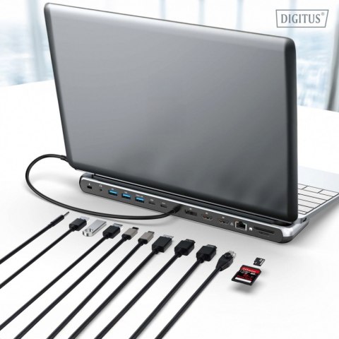 Stacja dokująca USB-C 12 portowa, max. 8K/30Hz z HDR, HDMI, DP, max. 3 monitory (MST), USB-C 3.2 Gen2, Gigabit Ethernet, SD/Micr