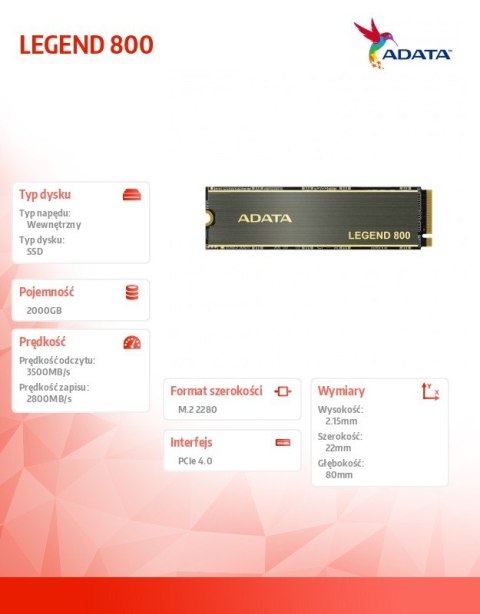 Dysk SSD LEGEND 800 2000GB PCIe 4x4 3.5/2.8 GB/s M2