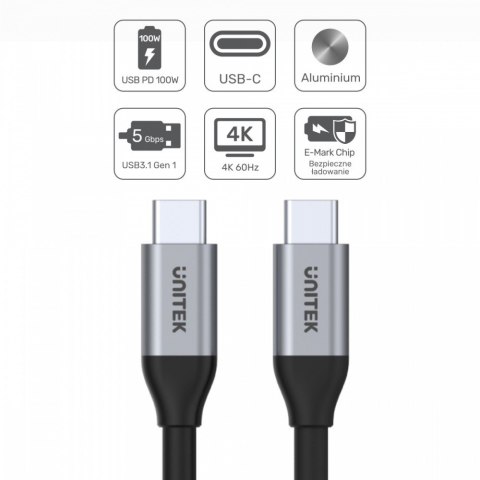 Kabel USB-C - USB-C PD 100W, 5Gbps, 4K60Hz, 2m, M/M; C14091ABK