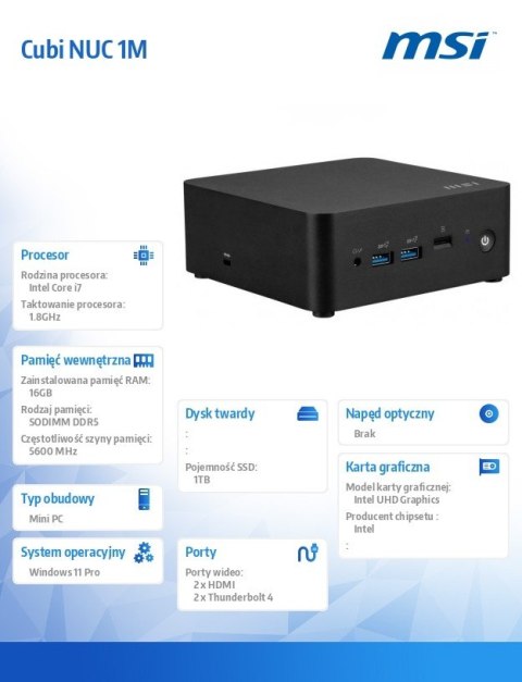 Komputer Cubi NUC 1M-001EU WIN11PRO/IC7-150U/16GB/1TB/WiFi/BT5.3/Czarny