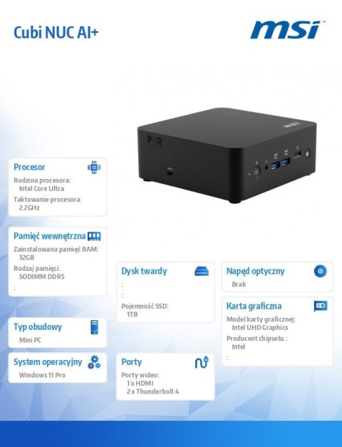 Komputer Cubi NUC AI+ 2MG-001EU WIN11PRO/ICU7 258V/32G/1T/WiFI/BT/Black