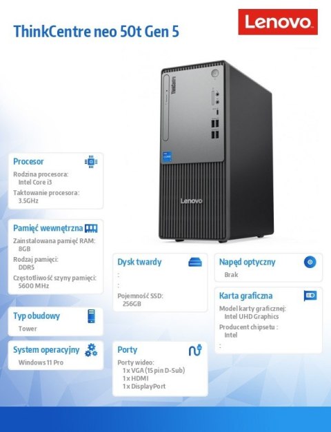 Komputer ThinkCentre Neo 50t G5 12UD0031PB W11Pro i3-14100/8GB/256GB/INT/1YR OS
