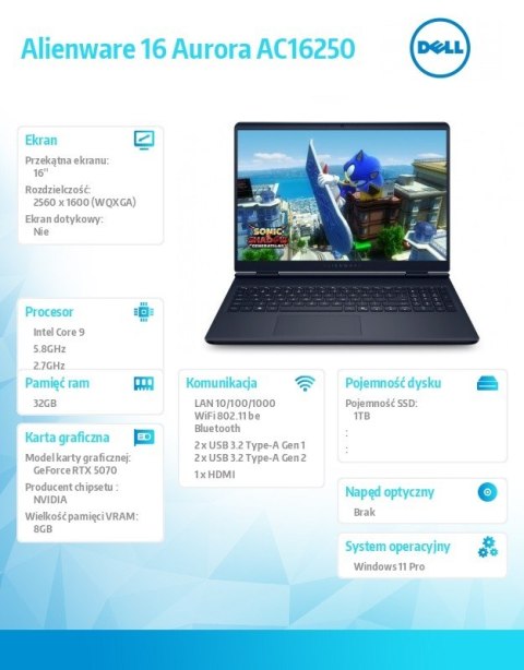 Notebook Alienware 16 Aurora AC16250 Win11 Pro C9 270H/32GB/1TB/16.0 WQXGA/GeForce RTX 5070/WLAN + BT/Backlit Kb/6 Cell/3Y Basic