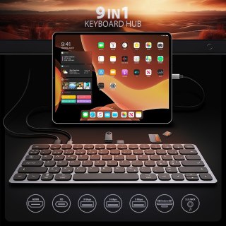 Klawiatura HMC-KB-NRD USB-C 5Gbps z wieloportowy hub 9in1, SD/microSD, 3x USB-A, HDMI 4K/60Hz, PD 100W, Audio, Nordic layout, 60