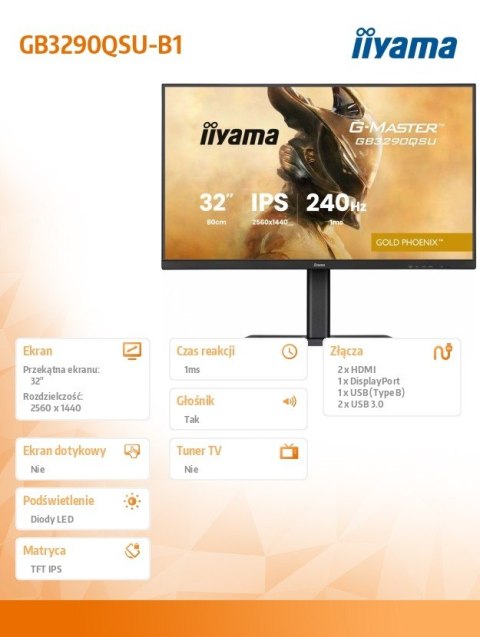 Monitor 32 cale GB3290QSU-B1 1ms,IPS,240Hz,2xHDMI,DP,400cd,1000:1, USB HUBx4, 2x2W, HAS,