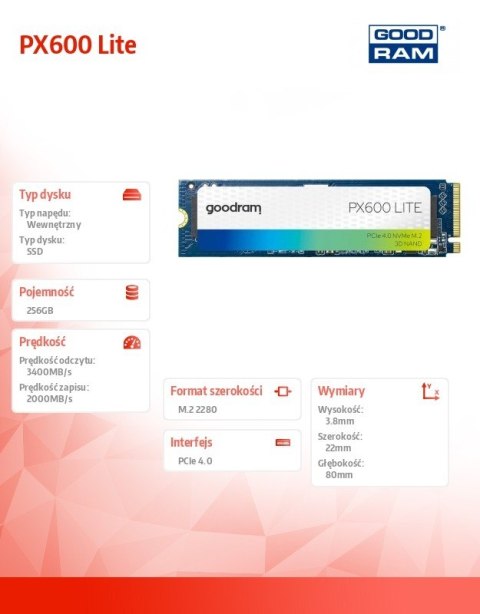 Dysk SSD PX600 Lite 256GB M.2 Gen4x4 NVMe 2280 3400/2000MB/s