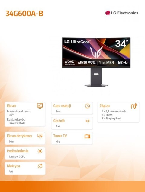 Monitor gamingowy 34G600A-B 34 cale WQHD UltraGear 160Hz
