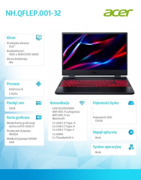 Notebook AN515-58-561U ESHELL i5-12500H/32GB/512SSD/RTX3050Ti/15.6 cala