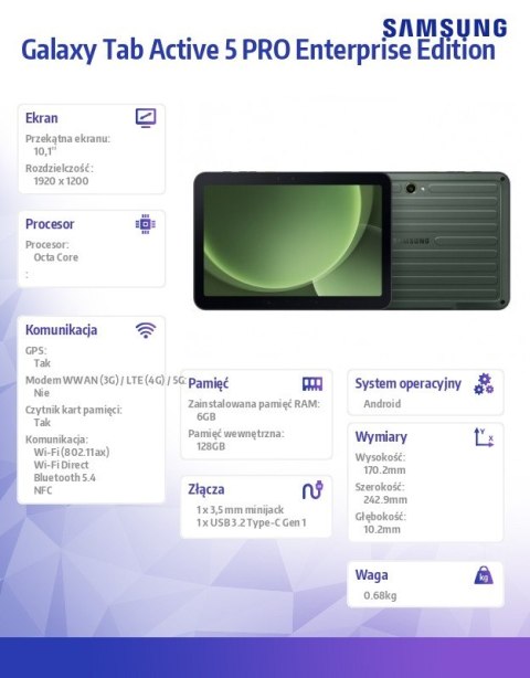 Tablet Galaxy Tab Active 5 PRO Wifi 10.1 cala 6/128GB Enterprise Edition zielony