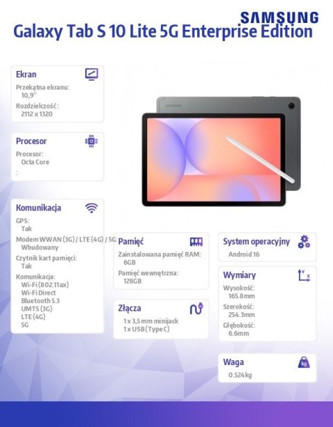 Tablet Galaxy Tab S 10 Lite X400 10.9 cala 5G 6/128GB Enterprise Edition szary