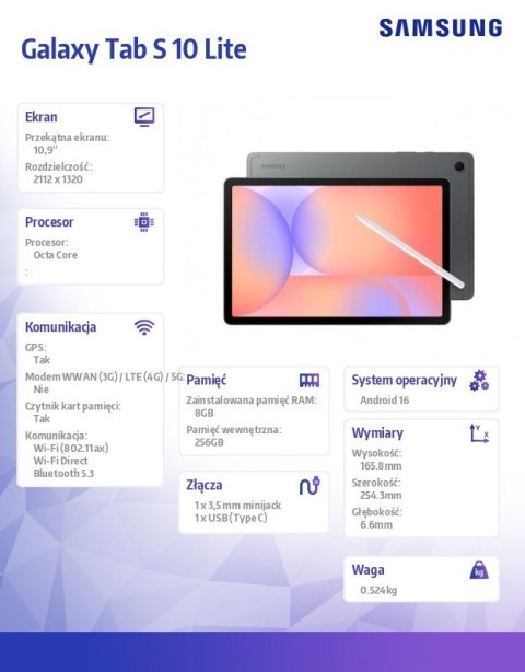 Tablet Galaxy Tab S10 Lite X400 10.9 cala Wifi 8/256GB szary
