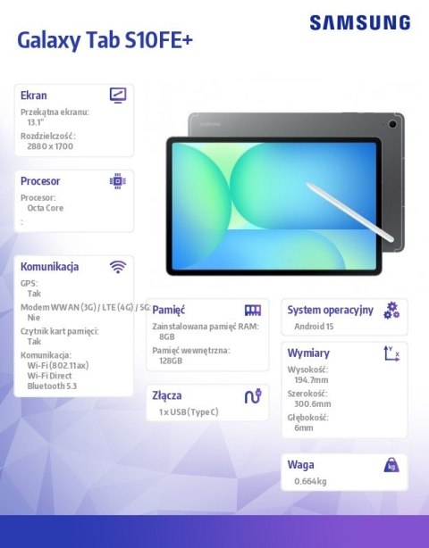 Tablet Galaxy Tab S10FE+ 13.1 cala Wifi 8/128GB szary