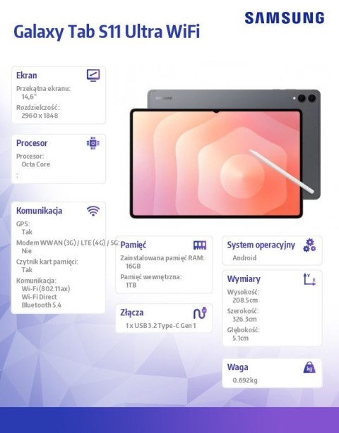 Tablet Galaxy Tab S11 Ultra X930 Wifi 14.6 cala 16GB/1TB szary