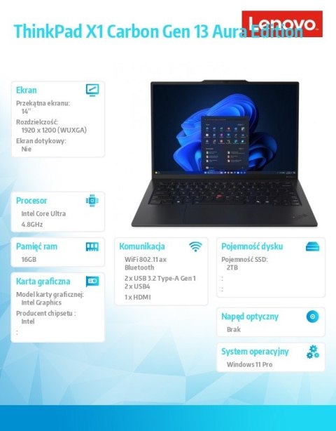 Ultrabook ThinkPad X1 Carbon G13 21NX007VPB W11Pro Ultra5 225U/16GB/512GB/INT/14.0 WUXGA/Black/3YR CI + CO2 offset + 3YR Premier