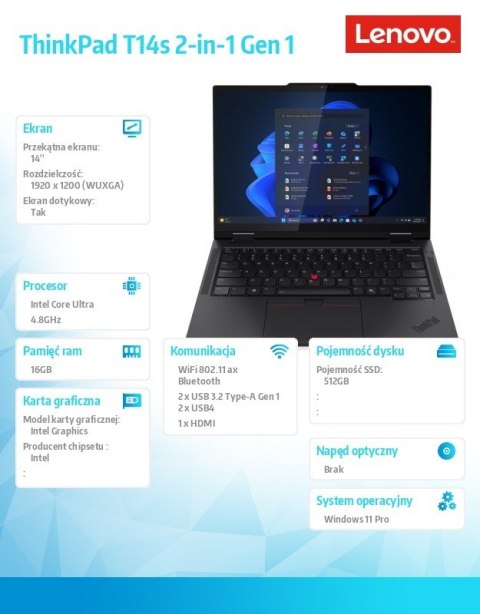 Ultrabook ThinkPad T14s 2in1 G1 21R30040PB W11Pro ULT5 225U/16GB/512GB/INT/14.0 WUXGA/Touch/Black/3YRS Premier Support + CO2 Off