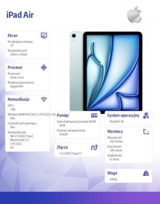 IPad Air 11 cali WiFi + Cellular 512GB Niebieski
