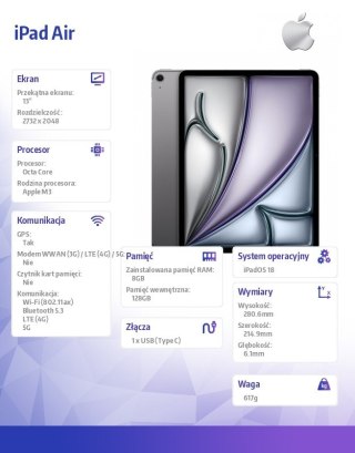 IPad Air 13 cali WiFi + Cellular 128GB Szary