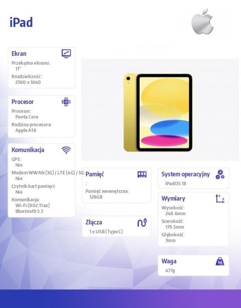 IPad WFi 11 cali 128GB Żółty