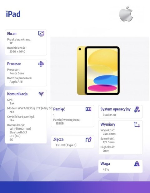 IPad WiFi + Cellular 11 cali 128 GB Żółty