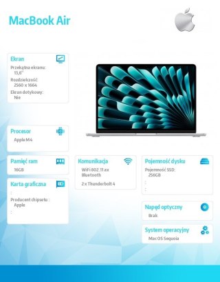 MacBook Air 13 cali /8C GPU/16GB/ 256GB Srebrny