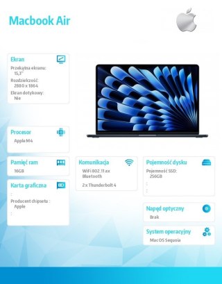 MacBook Air 15.3 cala: M4 10/10, 16GB, 256GB - Północ