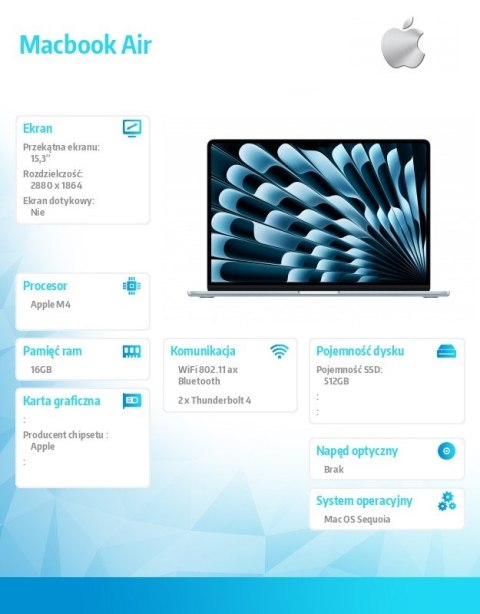 MacBook Air 15.3 cala: M4 10/10, 16GB, 512GB, 35W - Błękitny - MC7A4ZE/A/D1