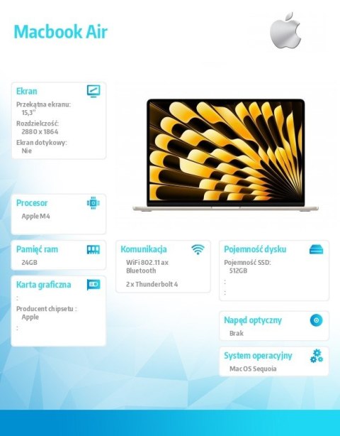 MacBook Air 15.3 cala: M4 10/10, 24GB, 512GB - Księżycowa Poświata