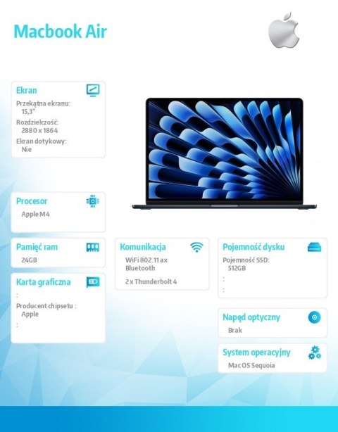 MacBook Air 15.3 cala: M4 10/10, 24GB, 512GB - Północ