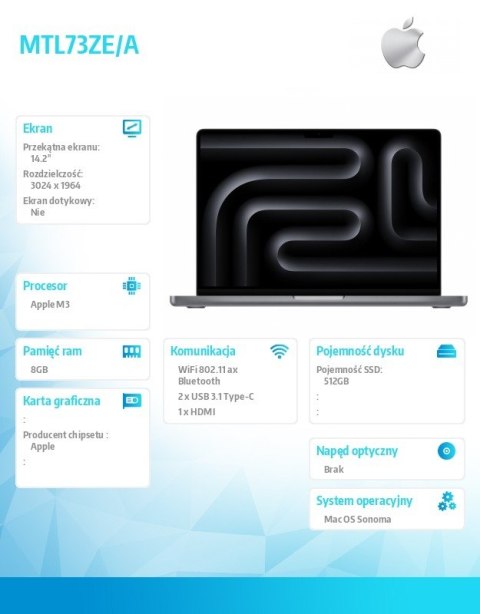 MacBook Pro 14,2 cali: M3 8/10, 8GB, 512GB - Gwiezdna szarość