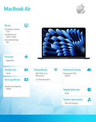 MacBookAir 13 cali /8C GPU/16GB/ 256GB Czarny